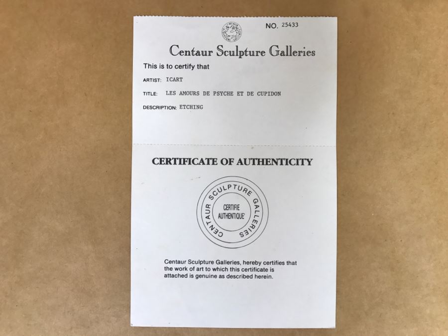 Louis Icart Etching Titled 'Les Amours De Psyche Et De Cupidon' With COA Centaur Sculpture Galleries [Photo 13]