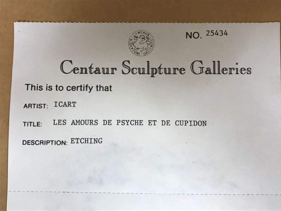 Louis Icart Etching Titled 'Les Amours De Psyche Et De Cupidon' With COA Centaur Sculpture Galleries [Photo 15]
