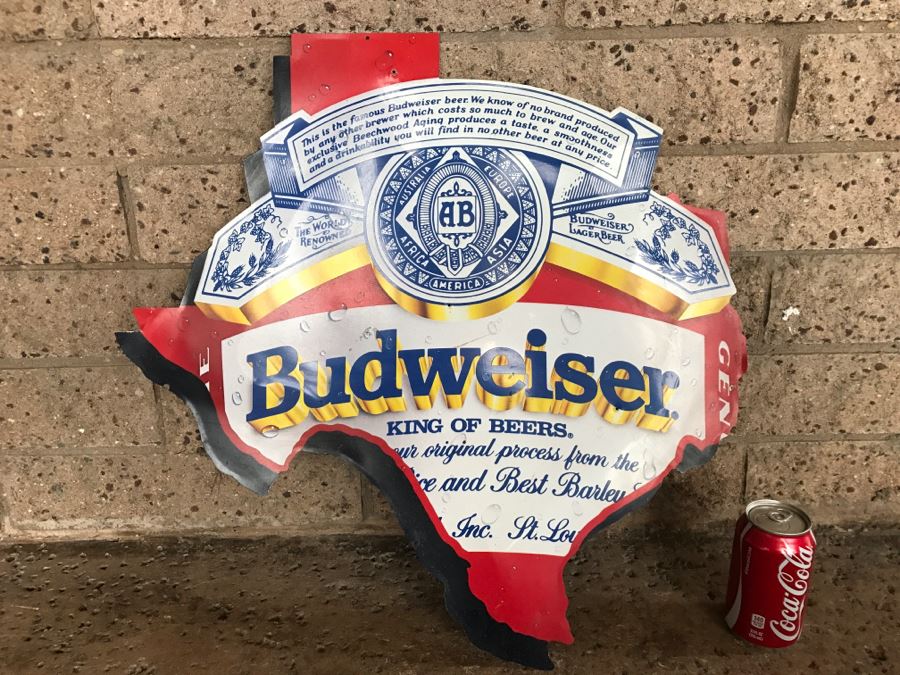 Vintage 1989 Budweiser Beer King Of Beers Texas Official Bar Metal Litho Advertising Sign 1'11' X 1'11' [Photo 1]