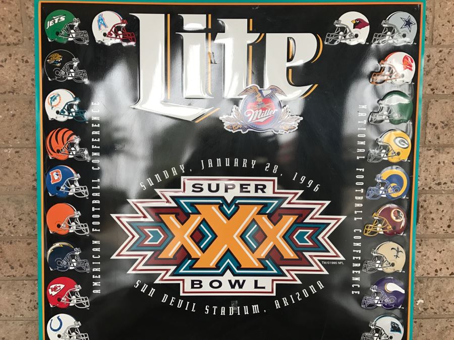 Vintage 1995 Miller Lite Beer NFL Football Super Bowl XXX Jan 28, 1996 Sun Devil Stadium, Arizona Official Bar Metal Litho Advertising Sign 2'7' X 3'1' [Photo 3]