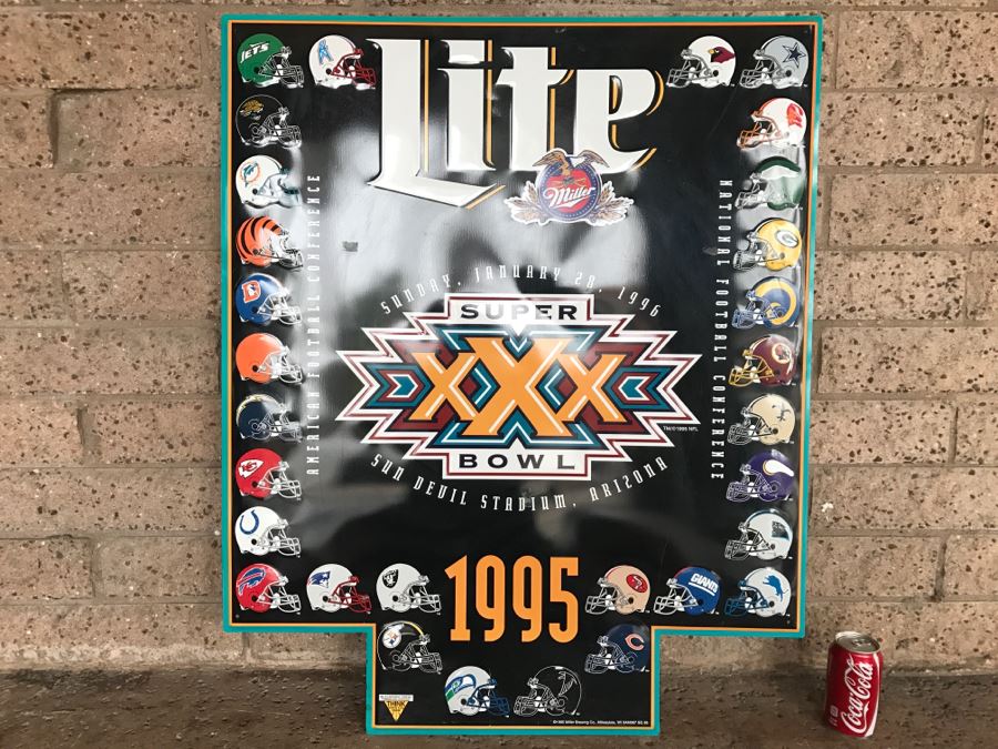 Vintage 1995 Miller Lite Beer NFL Football Super Bowl XXX Jan 28, 1996 Sun Devil Stadium, Arizona Official Bar Metal Litho Advertising Sign 2'7' X 3'1' [Photo 1]