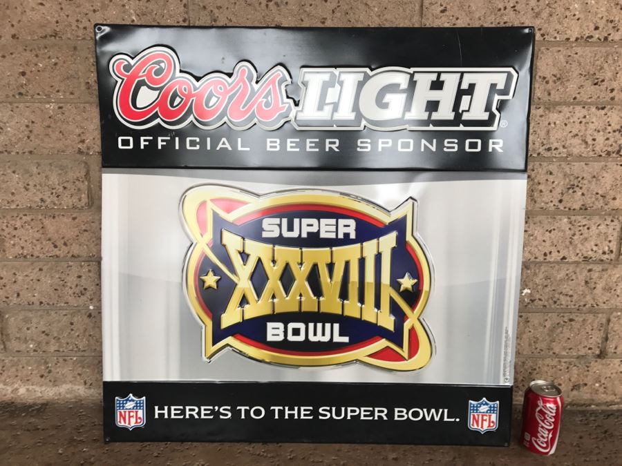 Vintage 2003 Coors Light Official Beer Sponsor NFL Football Super Bowl XXXVIII Here's To The Super Bowl Official Bar Metal Litho Advertising Sign 2'7' X 2'7' [Photo 1]