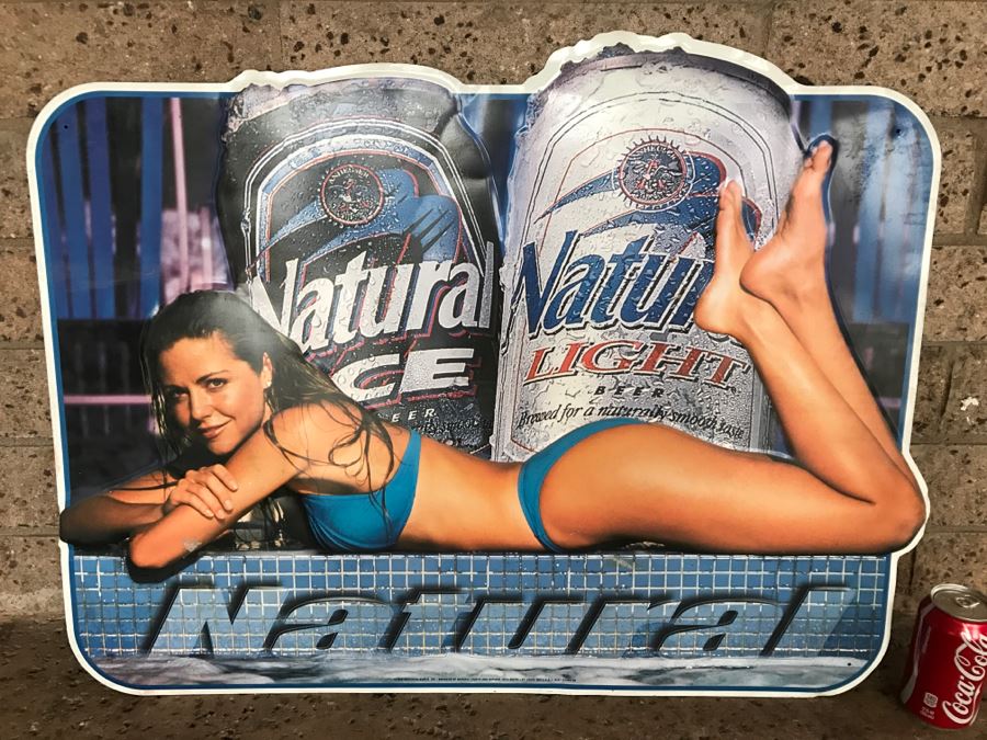 Vintage 1998 Natural Ice Beer Natural Light Beer Pin-Up Girl Official Bar Metal Litho Advertising Sign 2'8' X 2' [Photo 1]