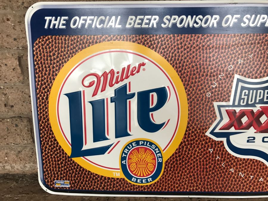 Vintage 2000 Miller Lite Super Bowl XXXIV Atlanta Georgia NFL Football Official Beer Sponsor Official Bar Metal Litho Advertising Sign 3'1' X 1'10' [Photo 3]