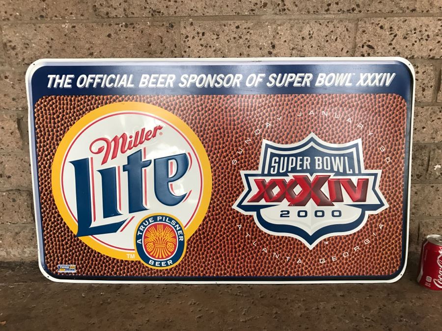 Vintage 2000 Miller Lite Super Bowl XXXIV Atlanta Georgia NFL Football Official Beer Sponsor Official Bar Metal Litho Advertising Sign 3'1' X 1'10' [Photo 2]