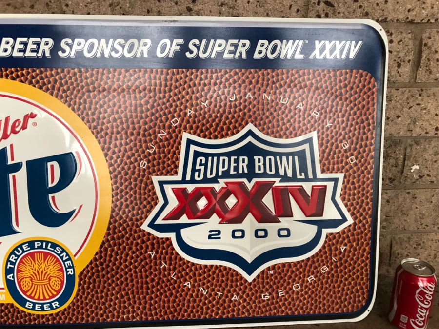Vintage 2000 Miller Lite Super Bowl XXXIV Atlanta Georgia NFL Football Official Beer Sponsor Official Bar Metal Litho Advertising Sign 3'1' X 1'10' [Photo 4]