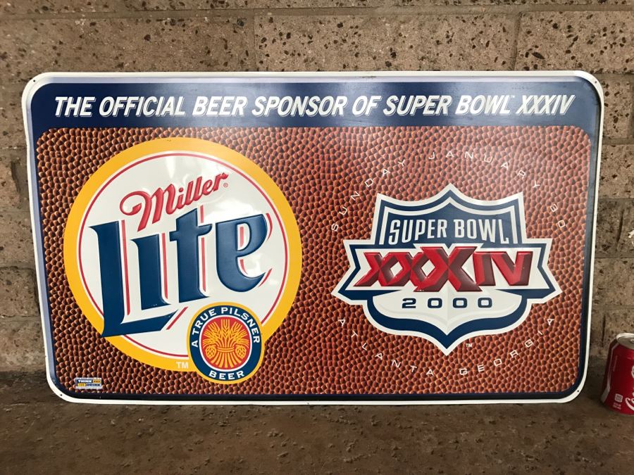 Vintage 2000 Miller Lite Super Bowl XXXIV Atlanta Georgia NFL Football Official Beer Sponsor Official Bar Metal Litho Advertising Sign 3'1' X 1'10' [Photo 1]