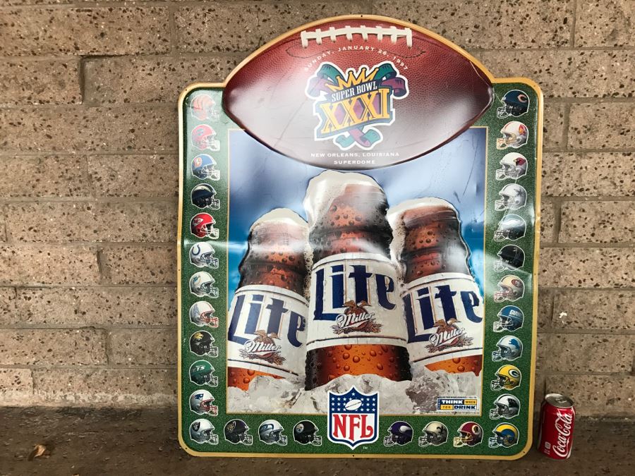Vintage 1997 Miller Lite Super Bowl XXXI New Orleans, Louisiana Superdome Football Official Beer Sponsor NFL Football Official Bar Metal Litho Advertising Sign 2'6' X 3' [Photo 1]