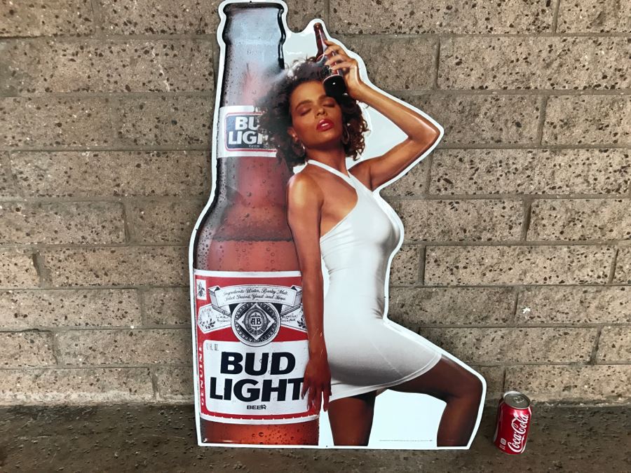 Vintage 1990 Bud Light Budweiser Pin-Up Girl Official Beer Sponsor NFL Football It's On Official Bar Metal Litho Advertising Sign 2'1' X 3' [Photo 1]