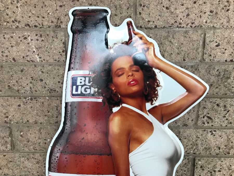 Vintage 1990 Bud Light Budweiser Pin-Up Girl Official Beer Sponsor NFL Football It's On Official Bar Metal Litho Advertising Sign 2'1' X 3' [Photo 5]