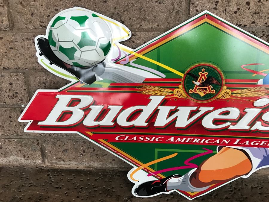 Vintage 1997 Budweiser Soccer Official Bar Metal Litho Advertising Sign 3' X 1'10' [Photo 3]