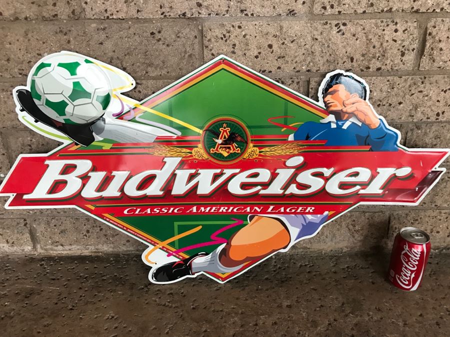 Vintage 1997 Budweiser Soccer Official Bar Metal Litho Advertising Sign 3' X 1'10' [Photo 1]