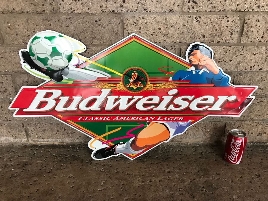 Vintage 1997 Budweiser Soccer Official Bar Metal Litho Advertising Sign 3' X 1'10' [Photo 2]