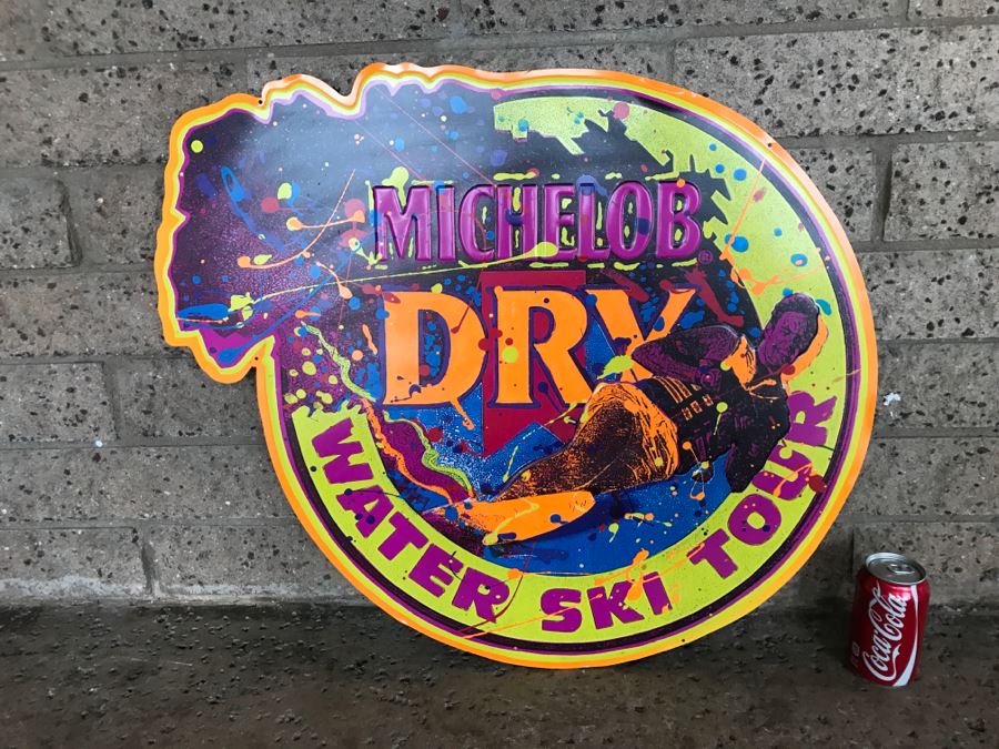 Vintage 1991 Michelob Dry Beer Water Ski Tour Official Bar Metal Litho Advertising Sign 2'5' X 2'1' [Photo 2]