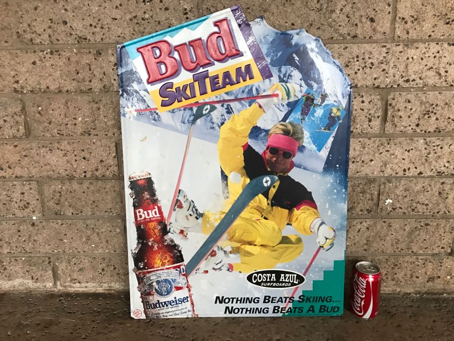 Vintage 1991 Bud Ski Team Budweiser Nothing Beats Skiing... Nothing Beats A Bud Beer Official Bar Metal Litho Advertising Sign 1'9' X 2'5' [Photo 1]