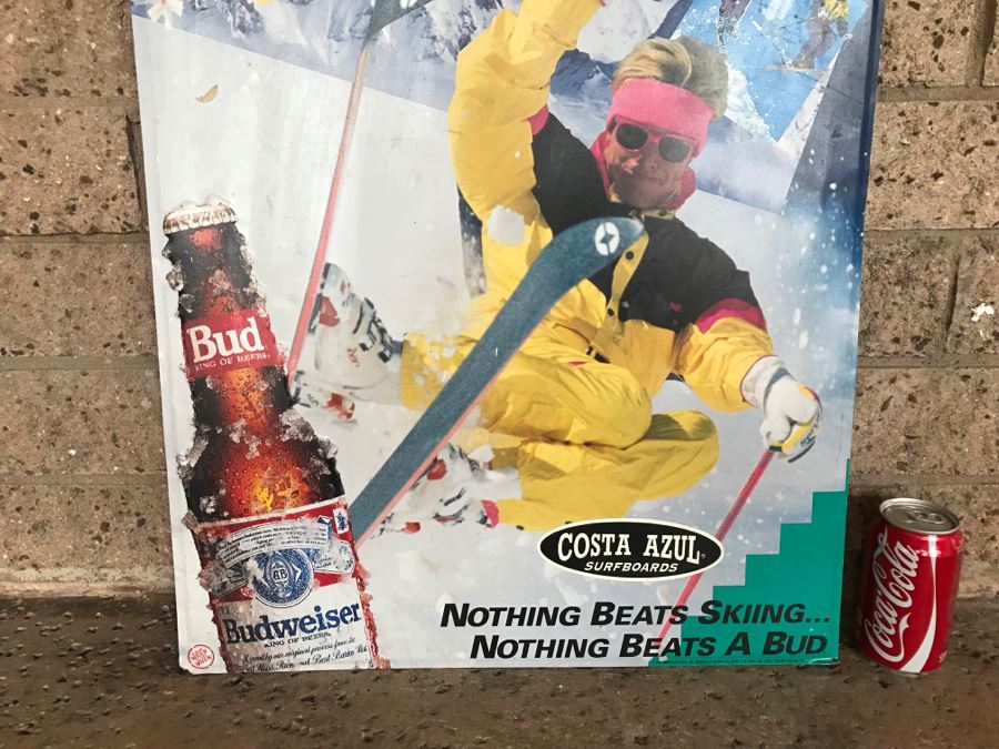 Vintage 1991 Bud Ski Team Budweiser Nothing Beats Skiing... Nothing Beats A Bud Beer Official Bar Metal Litho Advertising Sign 1'9' X 2'5' [Photo 3]