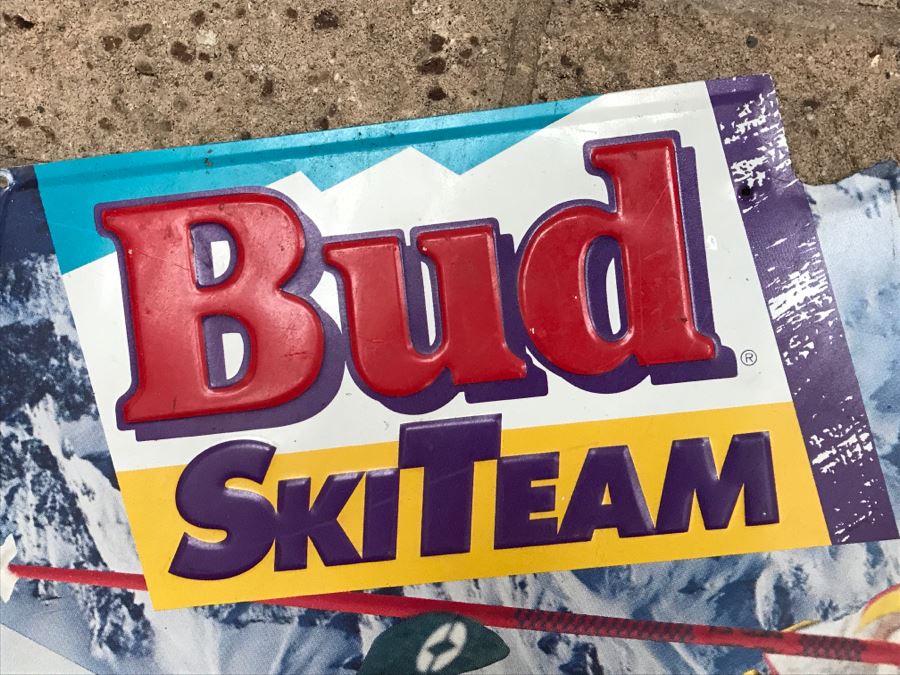 Vintage 1991 Bud Ski Team Budweiser Nothing Beats Skiing... Nothing Beats A Bud Beer Official Bar Metal Litho Advertising Sign 1'9' X 2'5' [Photo 11]