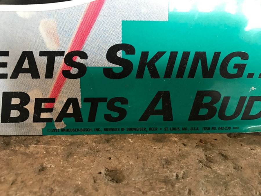 Vintage 1991 Bud Ski Team Budweiser Nothing Beats Skiing... Nothing Beats A Bud Beer Official Bar Metal Litho Advertising Sign 1'9' X 2'5' [Photo 6]