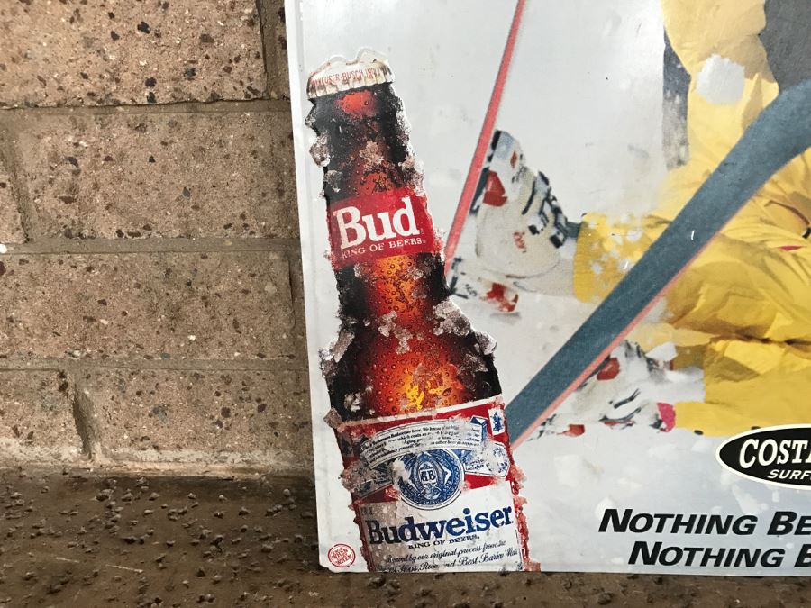 Vintage 1991 Bud Ski Team Budweiser Nothing Beats Skiing... Nothing Beats A Bud Beer Official Bar Metal Litho Advertising Sign 1'9' X 2'5' [Photo 4]