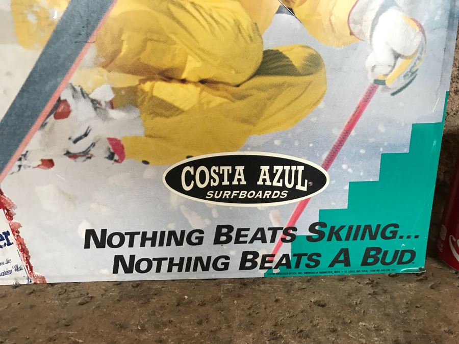 Vintage 1991 Bud Ski Team Budweiser Nothing Beats Skiing... Nothing Beats A Bud Beer Official Bar Metal Litho Advertising Sign 1'9' X 2'5' [Photo 5]