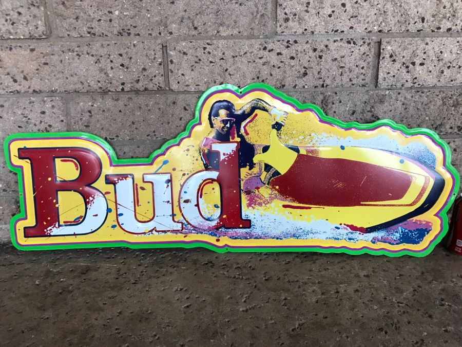 Vintage 1992 Bud Budweiser Beer Jet Ski Official Bar Metal Litho Advertising Sign 3' X 1'2' [Photo 2]