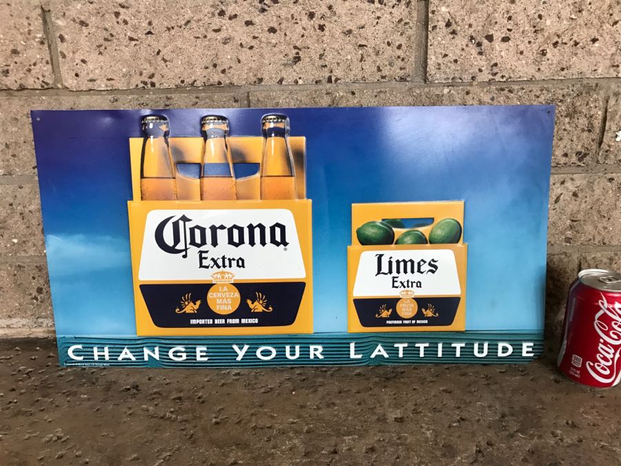 Vintage Corona Extra Beer Change Your Lattitude Official Bar Metal Litho Advertising Sign 2' X 1'1'