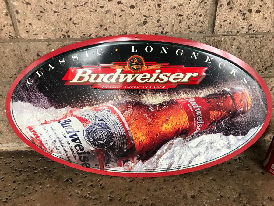 Vintage 1997 Budweiser King Of Beers Classic Longnecks Official Bar Metal Litho Advertising Sign 1'2.5' X 2'1'