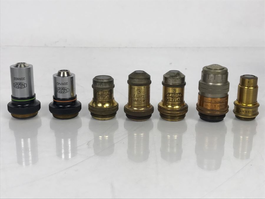 (7) Vintage Microscope Objective Lenses Including Brass Antique Ernst Leitz Wetzlar Lenses, Baush & Lomb, Seibert And Olympus Tokyo