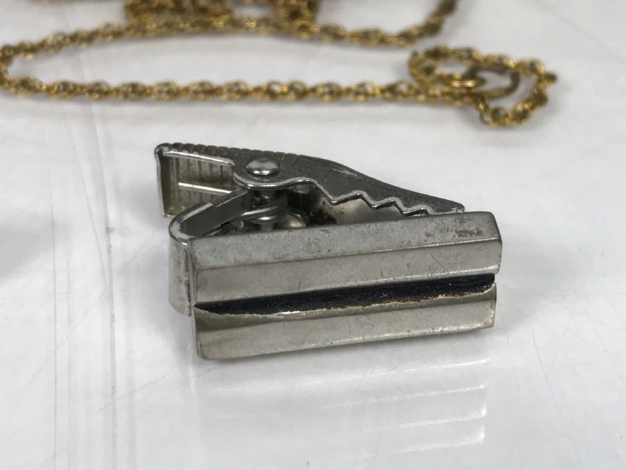 Box With Various Items Including 14k White Gold Ring W/O Stones, Various Pins, Oil Rig Tie Clip And Other Items Photographed - 14k Ring Weighs 3.1g [Photo 17]