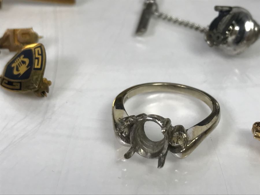 Box With Various Items Including 14k White Gold Ring W/O Stones, Various Pins, Oil Rig Tie Clip And Other Items Photographed - 14k Ring Weighs 3.1g [Photo 3]