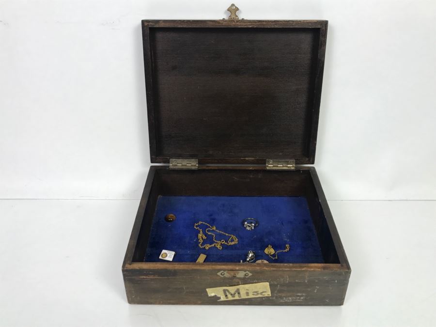 Box With Various Items Including 14k White Gold Ring W/O Stones, Various Pins, Oil Rig Tie Clip And Other Items Photographed - 14k Ring Weighs 3.1g [Photo 21]