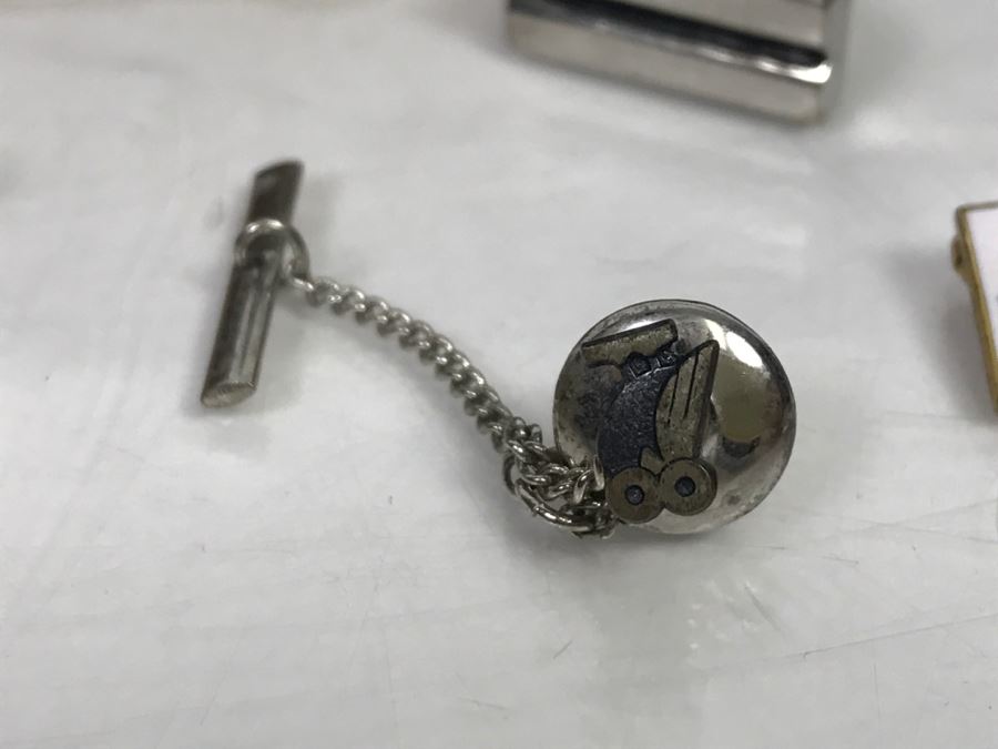 Box With Various Items Including 14k White Gold Ring W/O Stones, Various Pins, Oil Rig Tie Clip And Other Items Photographed - 14k Ring Weighs 3.1g [Photo 16]