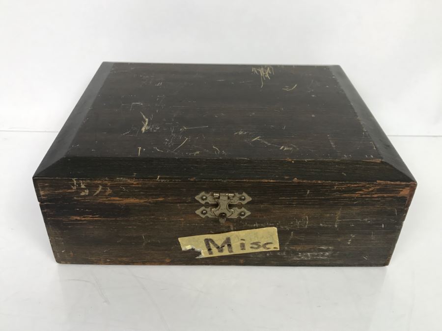 Box With Various Items Including 14k White Gold Ring W/O Stones, Various Pins, Oil Rig Tie Clip And Other Items Photographed - 14k Ring Weighs 3.1g [Photo 22]