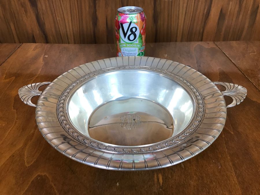 Large Sterling Silver Monogramed Bowl With Chased Design And Handles 452g