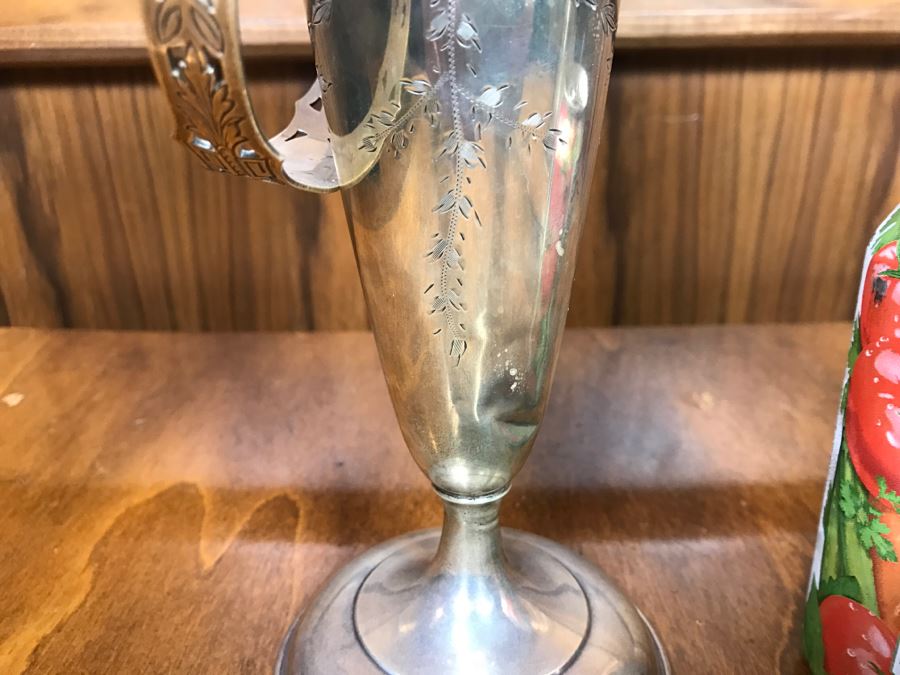 Sterling Silver Weighted Basket Vase With Handle And Chased Design [Photo 4]