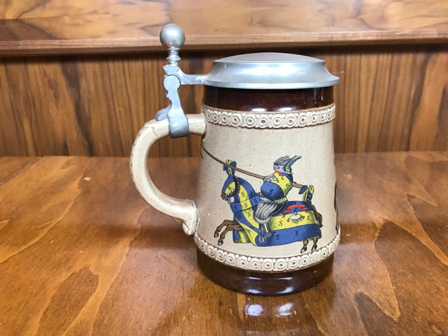 German Beer Stein Marzi Remy With Pewter Lid Jousting Knights [Photo 5]