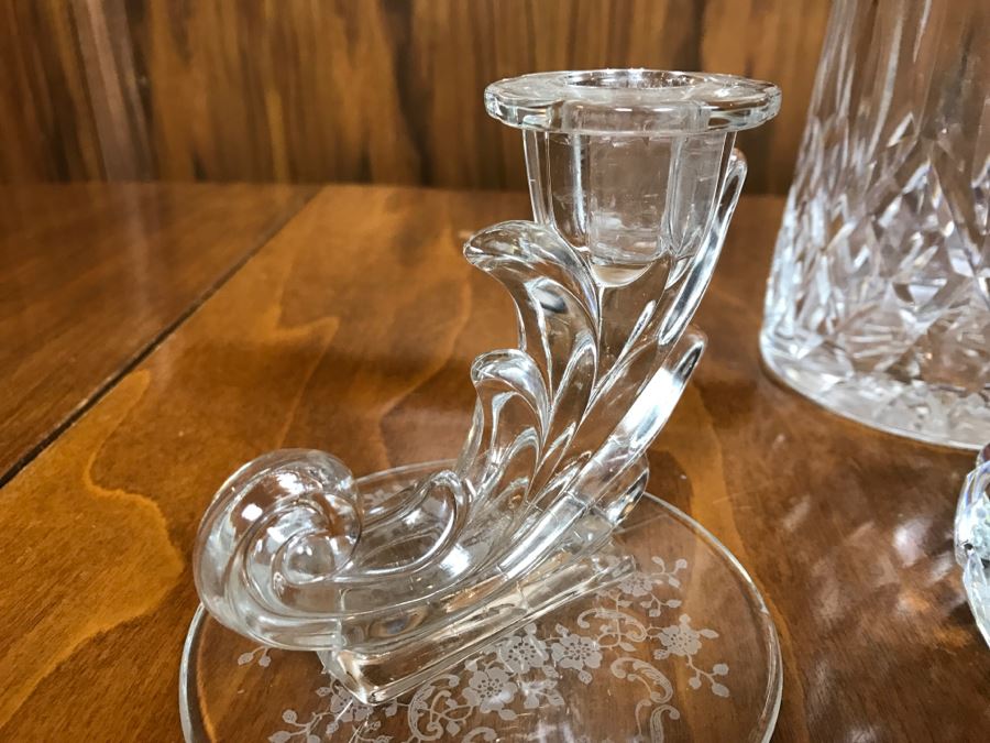 Crystal Decanter, Cut Crystal Ashtray And Pair Of Crystal Candle Holders [Photo 9]