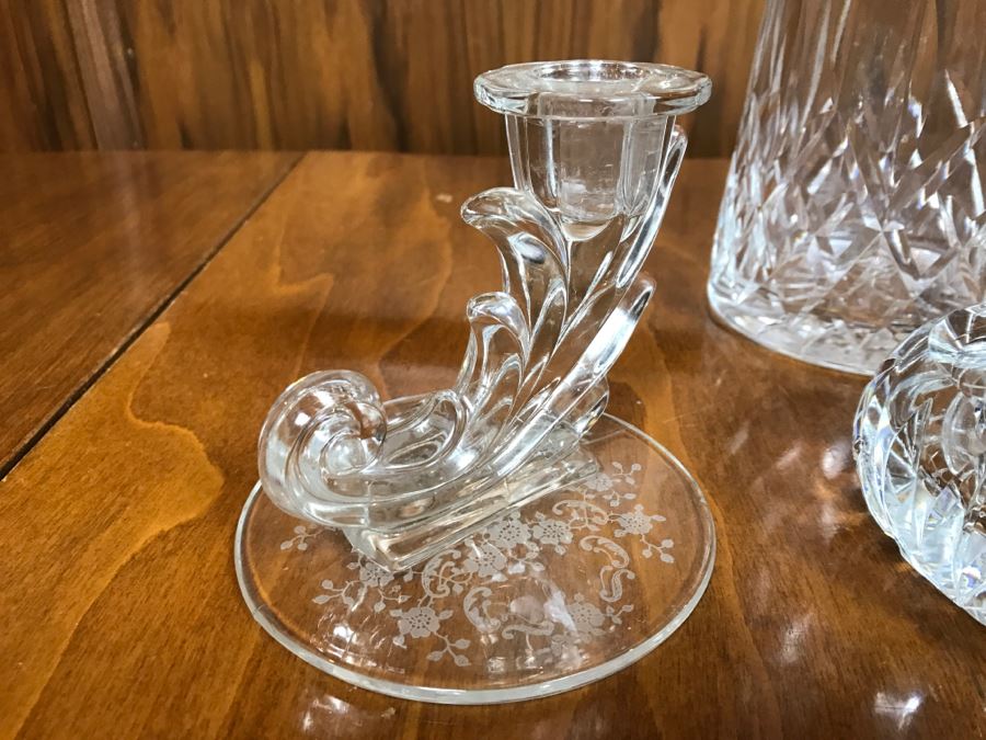 Crystal Decanter, Cut Crystal Ashtray And Pair Of Crystal Candle Holders [Photo 7]