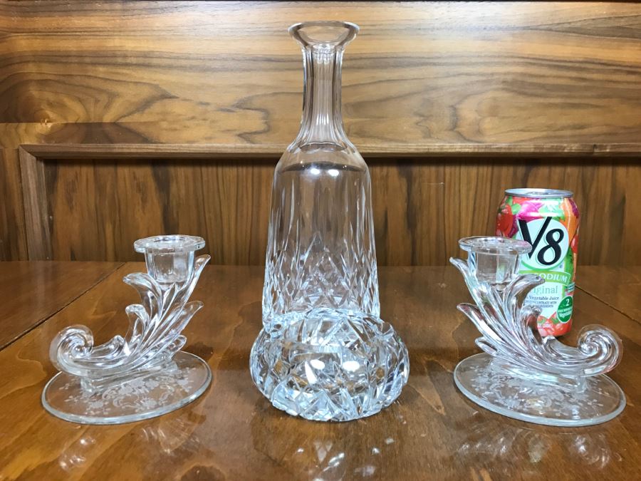 Crystal Decanter, Cut Crystal Ashtray And Pair Of Crystal Candle Holders [Photo 2]