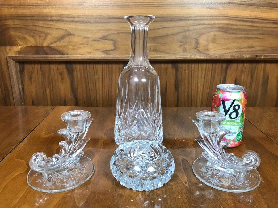 Crystal Decanter, Cut Crystal Ashtray And Pair Of Crystal Candle Holders