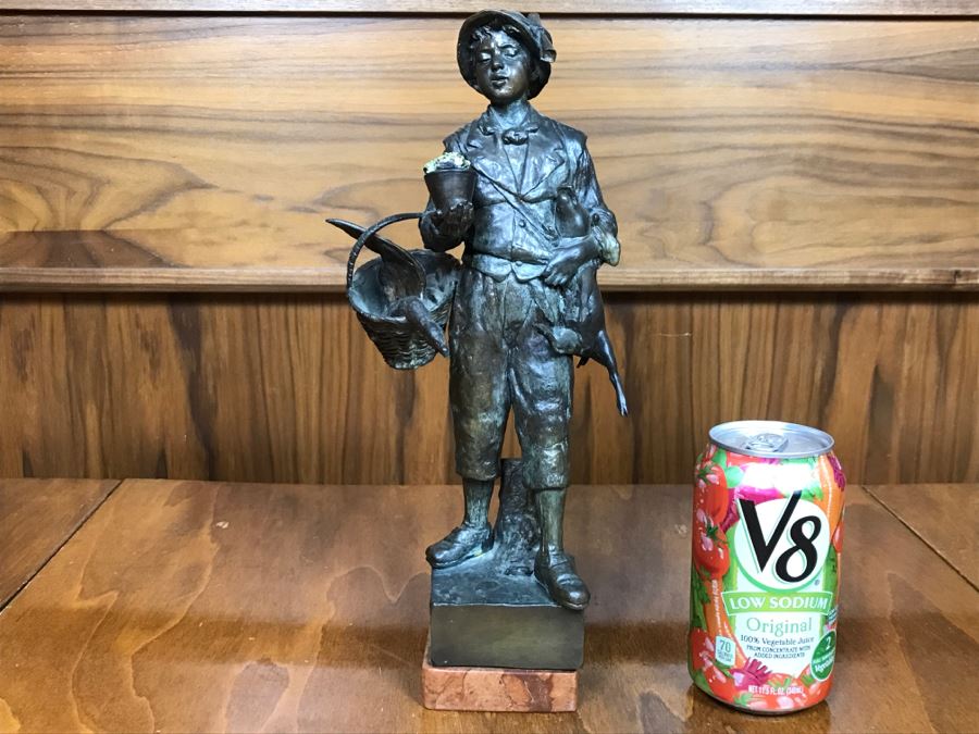 Antique 1886 Robert Weigl (Austrian, 1851–1902) Bronze Sculpture On Marble Base Of Boy Carrying Pig In One Arm And Basket With Goose In Other Estimate $700-$1,000 [Photo 3]