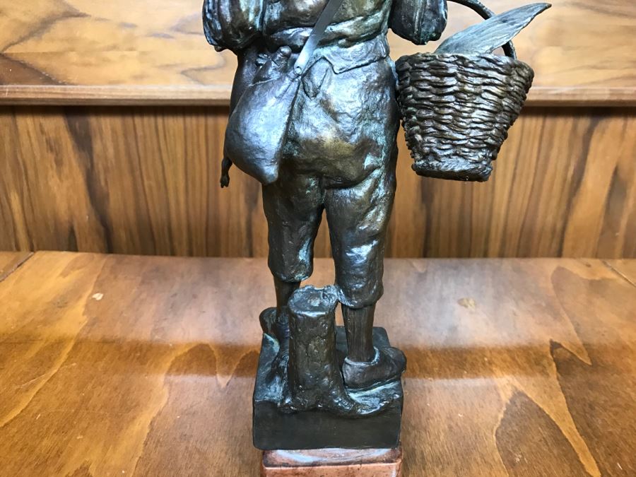 Antique 1886 Robert Weigl (Austrian, 1851–1902) Bronze Sculpture On Marble Base Of Boy Carrying Pig In One Arm And Basket With Goose In Other Estimate $700-$1,000 [Photo 14]