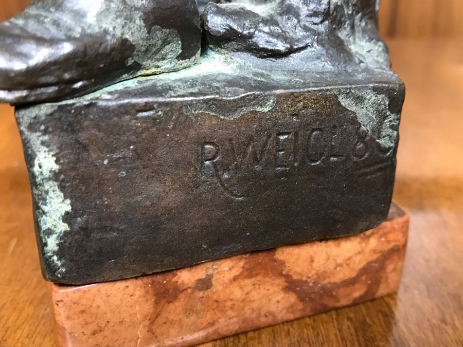 Antique 1886 Robert Weigl (Austrian, 1851–1902) Bronze Sculpture On Marble Base Of Boy Carrying Pig In One Arm And Basket With Goose In Other Estimate $700-$1,000 [Photo 2]