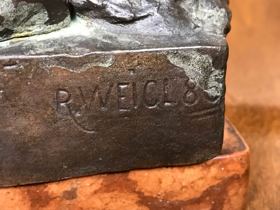 Antique 1886 Robert Weigl (Austrian, 1851–1902) Bronze Sculpture On Marble Base Of Boy Carrying Pig In One Arm And Basket With Goose In Other Estimate $700-$1,000 [Photo 12]