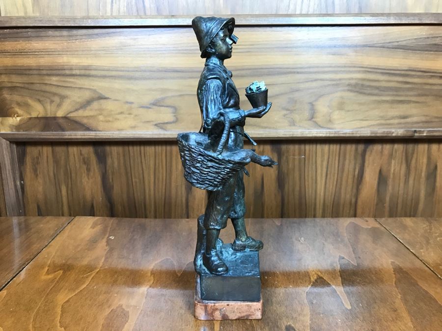 Antique 1886 Robert Weigl (Austrian, 1851–1902) Bronze Sculpture On Marble Base Of Boy Carrying Pig In One Arm And Basket With Goose In Other Estimate $700-$1,000 [Photo 16]
