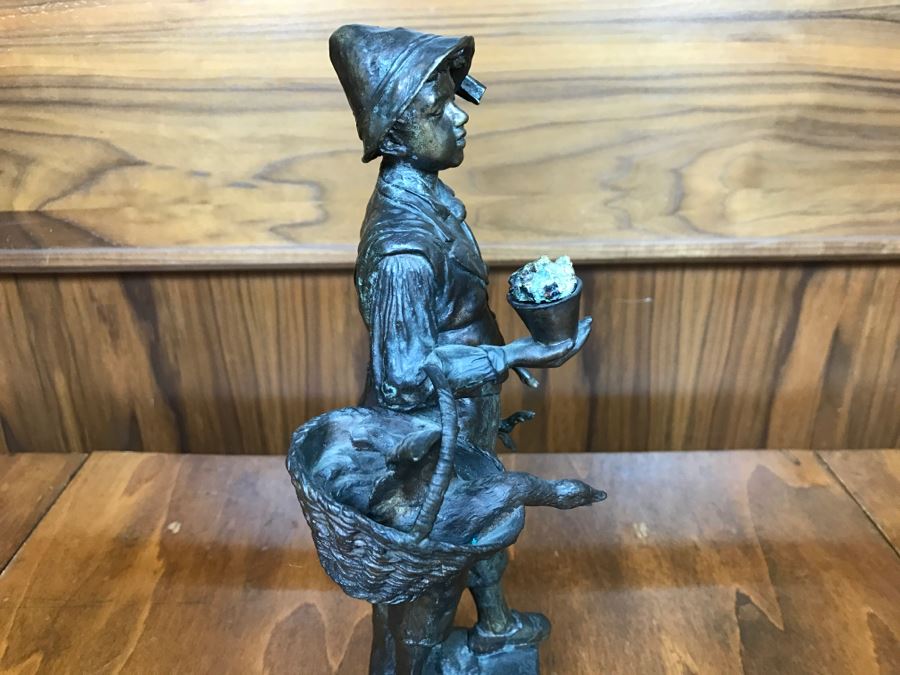 Antique 1886 Robert Weigl (Austrian, 1851–1902) Bronze Sculpture On Marble Base Of Boy Carrying Pig In One Arm And Basket With Goose In Other Estimate $700-$1,000 [Photo 17]
