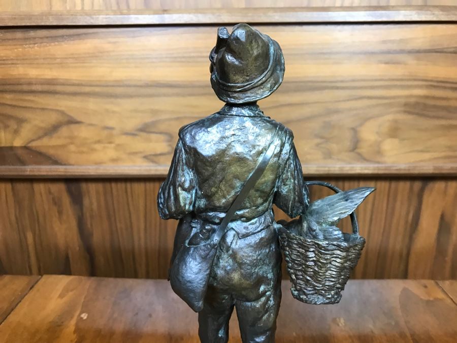 Antique 1886 Robert Weigl (Austrian, 1851–1902) Bronze Sculpture On Marble Base Of Boy Carrying Pig In One Arm And Basket With Goose In Other Estimate $700-$1,000 [Photo 15]