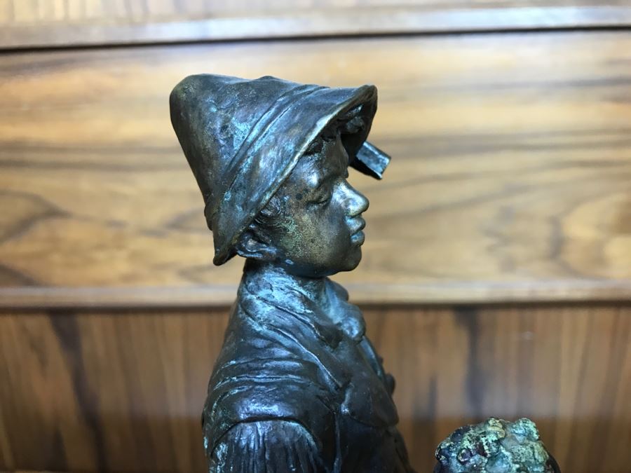 Antique 1886 Robert Weigl (Austrian, 1851–1902) Bronze Sculpture On Marble Base Of Boy Carrying Pig In One Arm And Basket With Goose In Other Estimate $700-$1,000 [Photo 18]