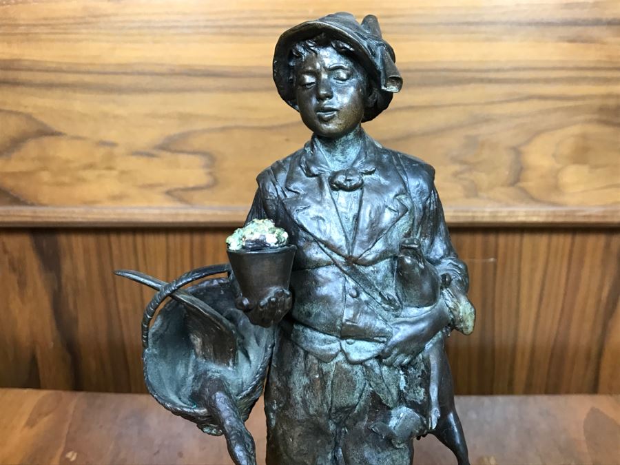 Antique 1886 Robert Weigl (Austrian, 1851–1902) Bronze Sculpture On Marble Base Of Boy Carrying Pig In One Arm And Basket With Goose In Other Estimate $700-$1,000 [Photo 4]