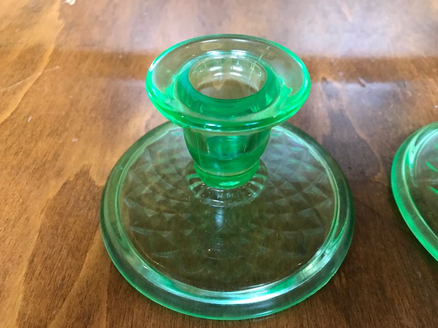 Pair Of Vintage Vasoline Glass Candle Holders [Photo 4]